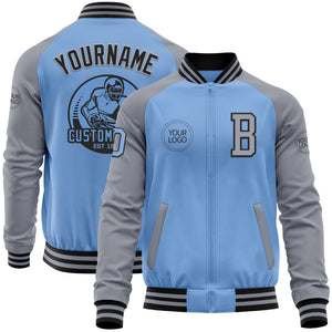 Custom Light Blue Black-Gray Bomber Varsity Letterman Two Tone Zipper Jacket