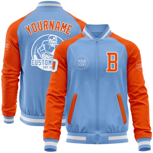 Custom Light Blue White-Orange Bomber Varsity Letterman Two Tone Zipper Jacket