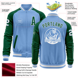 Custom Light Blue White-Kelly Green Bomber Varsity Letterman Two Tone Zipper Jacket