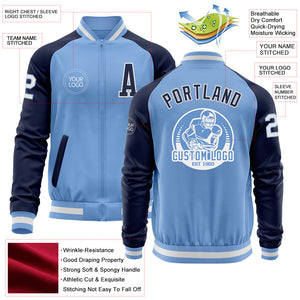 Custom Light Blue White-Navy Bomber Varsity Letterman Two Tone Zipper Jacket