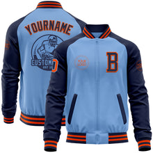 Load image into Gallery viewer, Custom Light Blue Orange-Navy Bomber Varsity Letterman Two Tone Zipper Jacket
