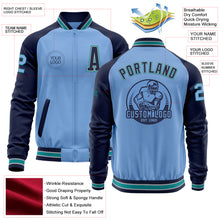 Load image into Gallery viewer, Custom Light Blue Teal Navy-Gray Bomber Varsity Letterman Two Tone Zipper Jacket
