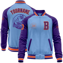 Load image into Gallery viewer, Custom Light Blue Orange-Purple Bomber Varsity Letterman Two Tone Zipper Jacket
