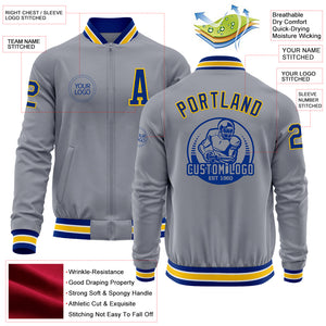 Custom Gray Royal-Yellow Bomber Varsity Letterman Zipper Jacket