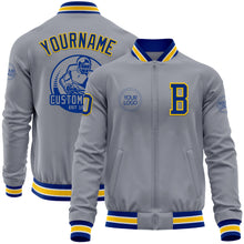 Load image into Gallery viewer, Custom Gray Royal-Yellow Bomber Varsity Letterman Zipper Jacket
