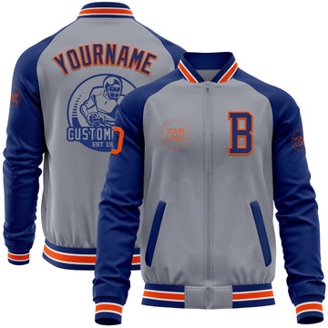 Custom Gray Orange-Royal Bomber Varsity Letterman Two Tone Zipper Jacket