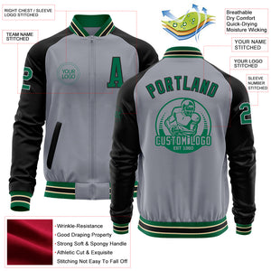 Custom Gray Kelly Green Cream-Black Bomber Varsity Letterman Two Tone Zipper Jacket