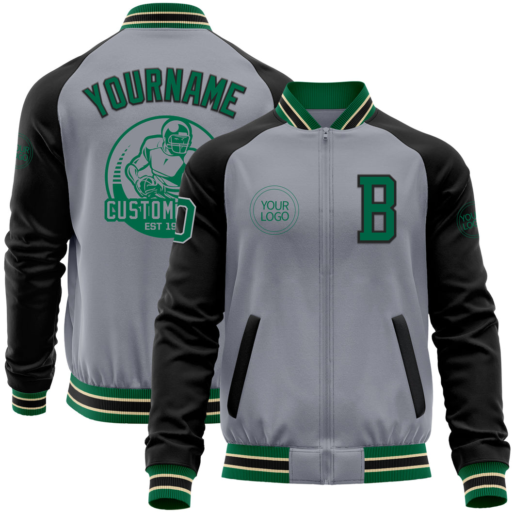 Custom Gray Kelly Green Cream-Black Bomber Varsity Letterman Two Tone Zipper Jacket