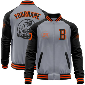 Custom Gray Orange-Black Bomber Varsity Letterman Two Tone Zipper Jacket