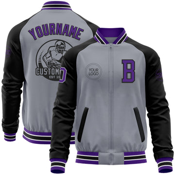 Custom Gray Purple-Black Bomber Varsity Letterman Two Tone Zipper Jacket