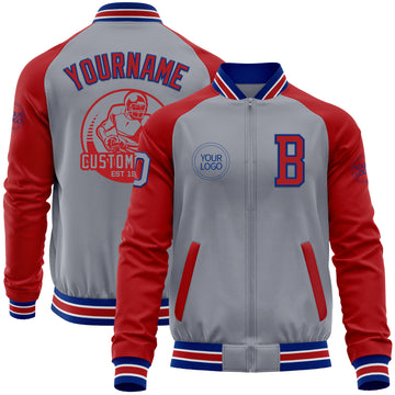 Custom Gray Royal-Red Bomber Varsity Letterman Two Tone Zipper Jacket