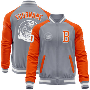 Custom Gray White-Orange Bomber Varsity Letterman Two Tone Zipper Jacket