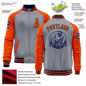 Custom Gray Navy-Orange Bomber Varsity Letterman Two Tone Zipper Jacket