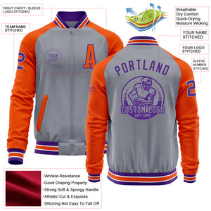 Custom Gray Purple-Orange Bomber Varsity Letterman Two Tone Zipper Jacket