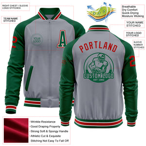 Custom Gray Red-Kelly Green Varsity Letterman Two Tone Zipper Jacket