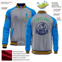 Load image into Gallery viewer, Custom Gray Navy Gold-Powder Blue Varsity Letterman Two Tone Zipper Jacket
