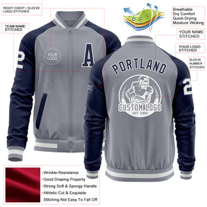 Custom Gray White-Navy Varsity Letterman Two Tone Zipper Jacket