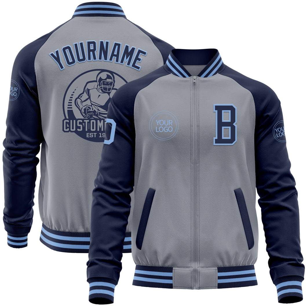 Custom Gray Light Blue-Navy Varsity Letterman Two Tone Zipper Jacket