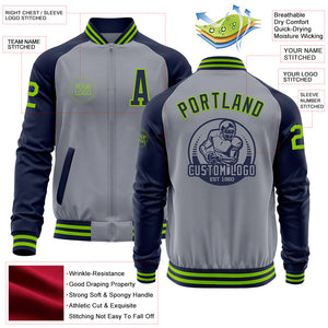 Custom Gray Neon Green-Navy Varsity Letterman Two Tone Zipper Jacket