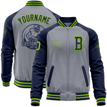 Charger l&#39;image dans la galerie, Custom Gray Neon Green-Navy Varsity Letterman Two Tone Zipper Jacket
