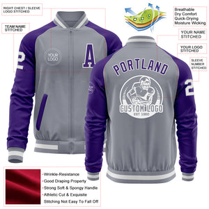 Custom Gray White-Purple Varsity Letterman Two Tone Zipper Jacket