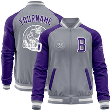 Charger l&#39;image dans la galerie, Custom Gray White-Purple Varsity Letterman Two Tone Zipper Jacket
