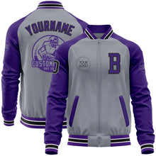 Charger l&#39;image dans la galerie, Custom Gray Black-Purple Varsity Letterman Two Tone Zipper Jacket
