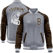 Charger l&#39;image dans la galerie, Custom Gray White-Brown Varsity Letterman Two Tone Zipper Jacket
