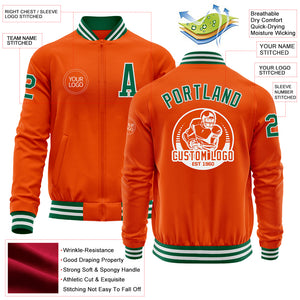 Custom Orange Kelly Green-White Bomber Varsity Letterman Zipper Jacket