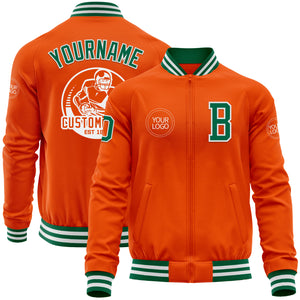 Custom Orange Kelly Green-White Bomber Varsity Letterman Zipper Jacket