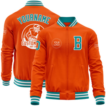 Custom Orange Teal-White Bomber Varsity Letterman Zipper Jacket