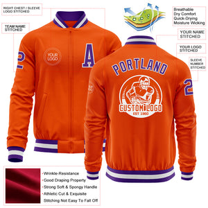 Custom Orange Purple-White Bomber Varsity Letterman Zipper Jacket