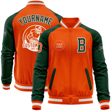 Custom Orange White-Green Bomber Varsity Letterman Two Tone Zipper Jacket