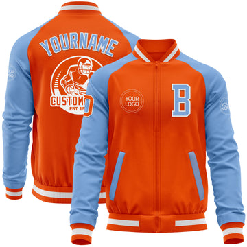 Custom Orange White-Light Blue Bomber Varsity Letterman Two Tone Zipper Jacket