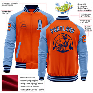 Custom Orange Navy-Light Blue Bomber Varsity Letterman Two Tone Zipper Jacket