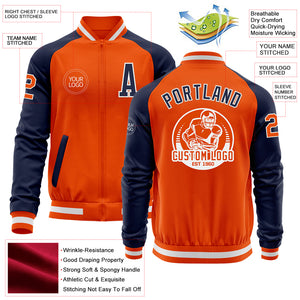 Custom Orange White-Navy Bomber Varsity Letterman Two Tone Zipper Jacket