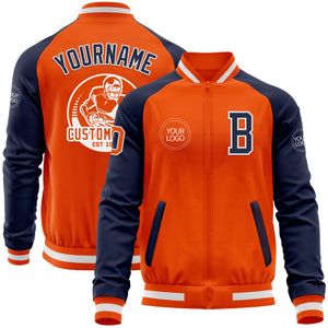 Custom Orange White-Navy Bomber Varsity Letterman Two Tone Zipper Jacket