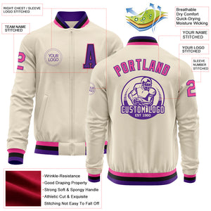 Custom Cream Pink Purple-Black Bomber Varsity Letterman Zipper Jacket