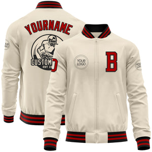 Custom Cream Red-Black Bomber Varsity Letterman Zipper Jacket