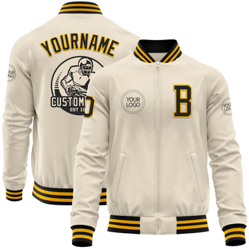 Custom Cream Black-Gold Bomber Varsity Letterman Zipper Jacket