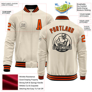 Custom Cream Orange-Black Bomber Varsity Letterman Zipper Jacket