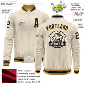 Custom Cream Black-Old Gold Bomber Varsity Letterman Zipper Jacket