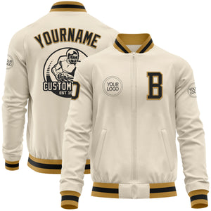 Custom Cream Black-Old Gold Bomber Varsity Letterman Zipper Jacket