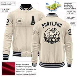 Custom Cream Black-Gray Bomber Varsity Letterman Zipper Jacket