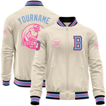 Charger l&#39;image dans la galerie, Custom Cream Pink Black-Light Blue Bomber Varsity Letterman Zipper Jacket
