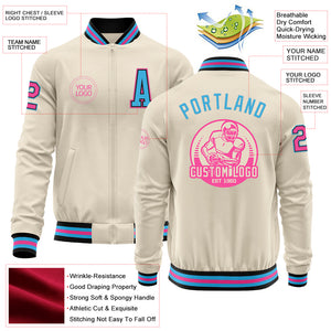 Custom Cream Pink Black-Sky Blue Bomber Varsity Letterman Zipper Jacket