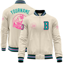 Charger l&#39;image dans la galerie, Custom Cream Pink Black-Aqua Bomber Varsity Letterman Zipper Jacket
