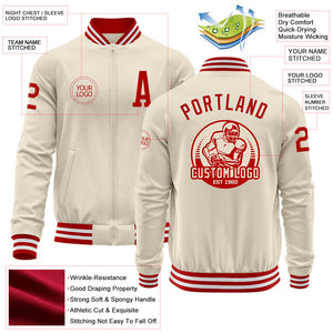 Custom Cream Red-White Bomber Varsity Letterman Zipper Jacket