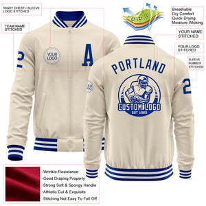 Custom Cream Royal-White Bomber Varsity Letterman Zipper Jacket