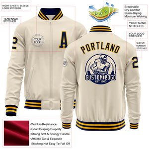 Custom Cream Navy-Gold Bomber Varsity Letterman Zipper Jacket